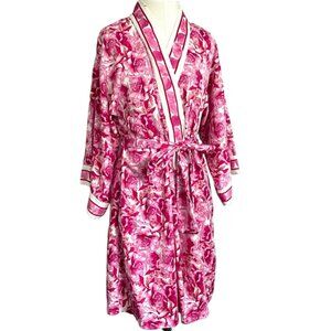 Natori Pink Roses Floral Satin Robe & Slip Dress Set - Small, 2-Piece